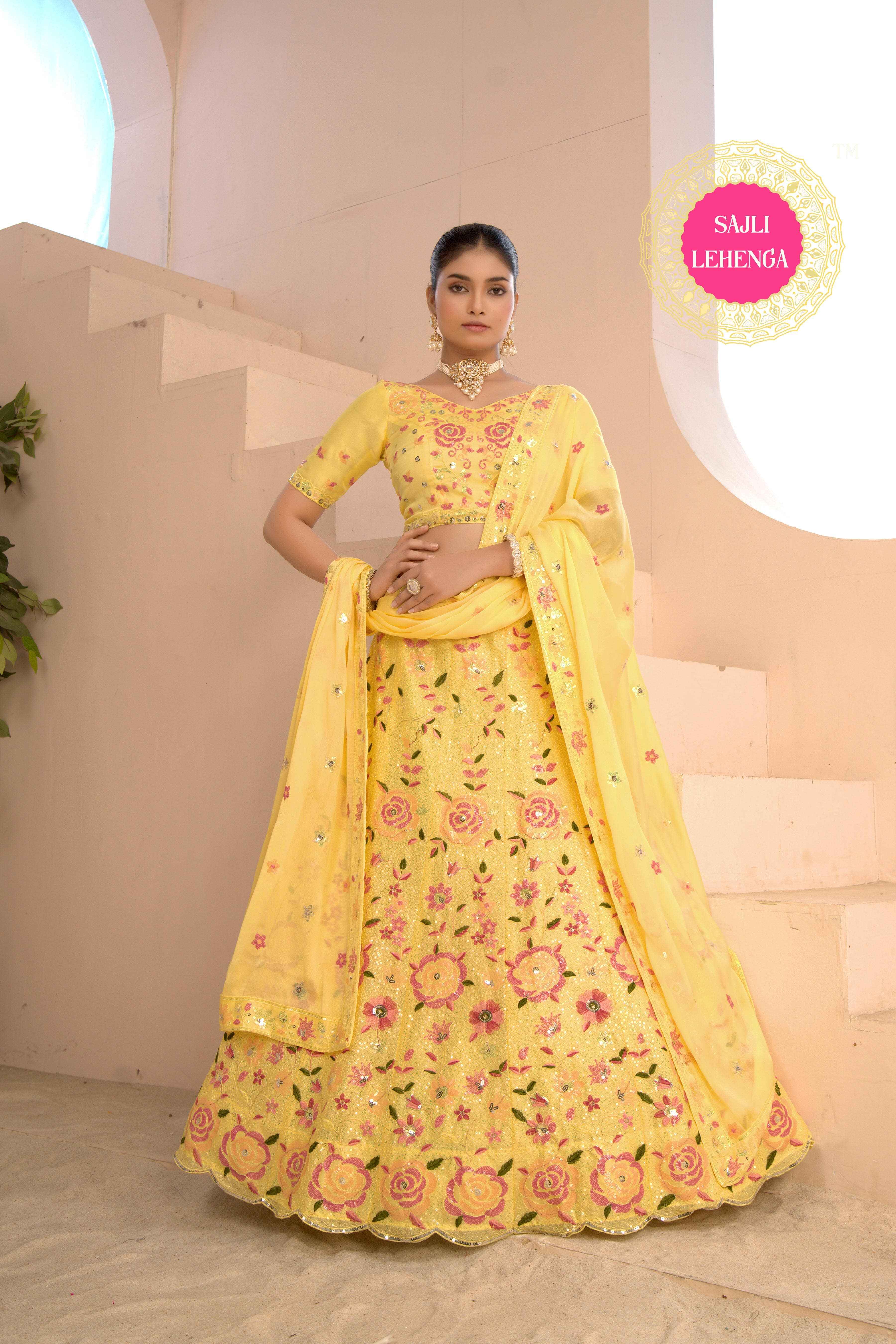 Sajli Lime Yellow Slim-Georgette Lehenga Choli with Slim-Georgette Dupatta Set S51