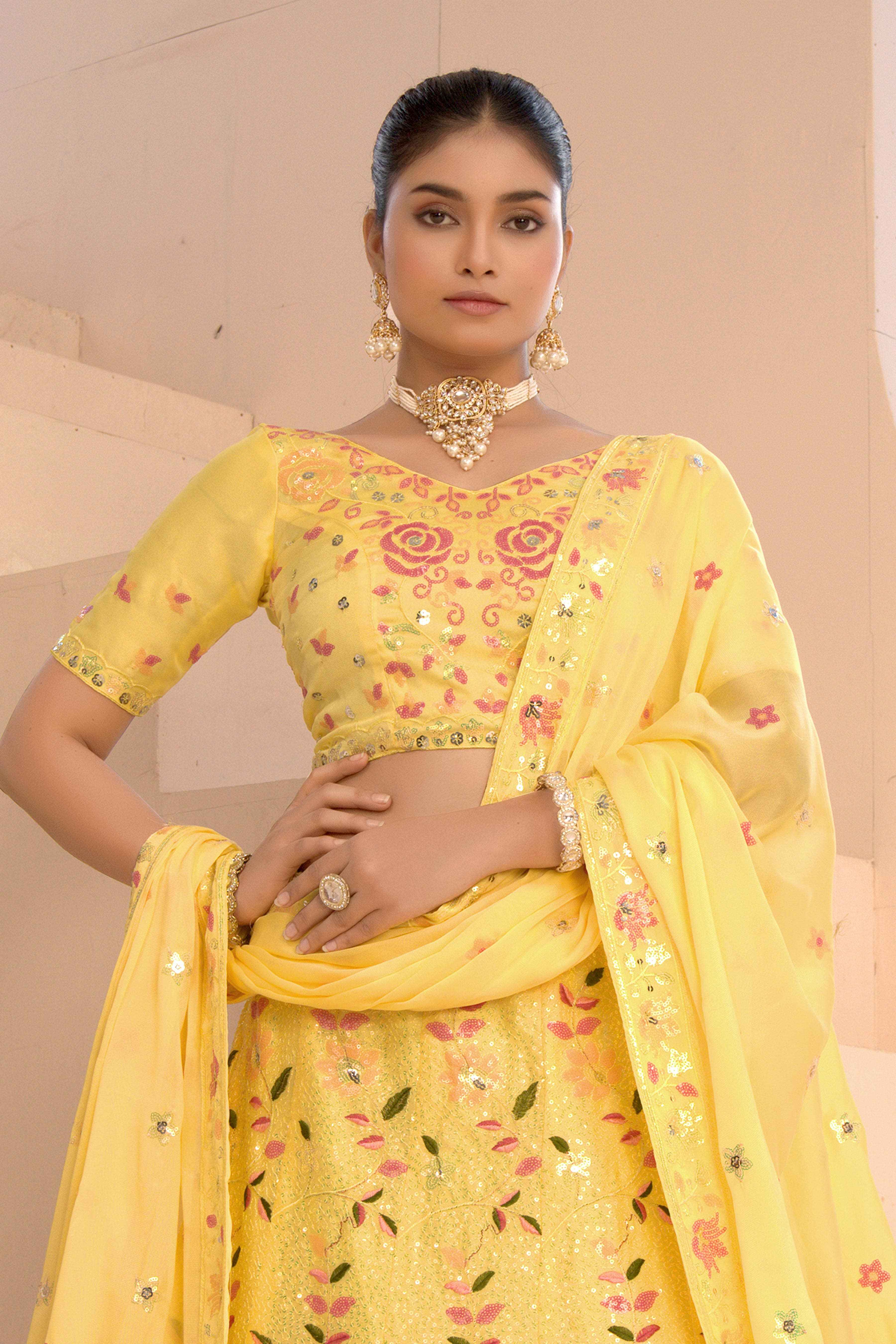 Sajli Lime Yellow Slim-Georgette Lehenga Choli with Slim-Georgette Dupatta Set S51
