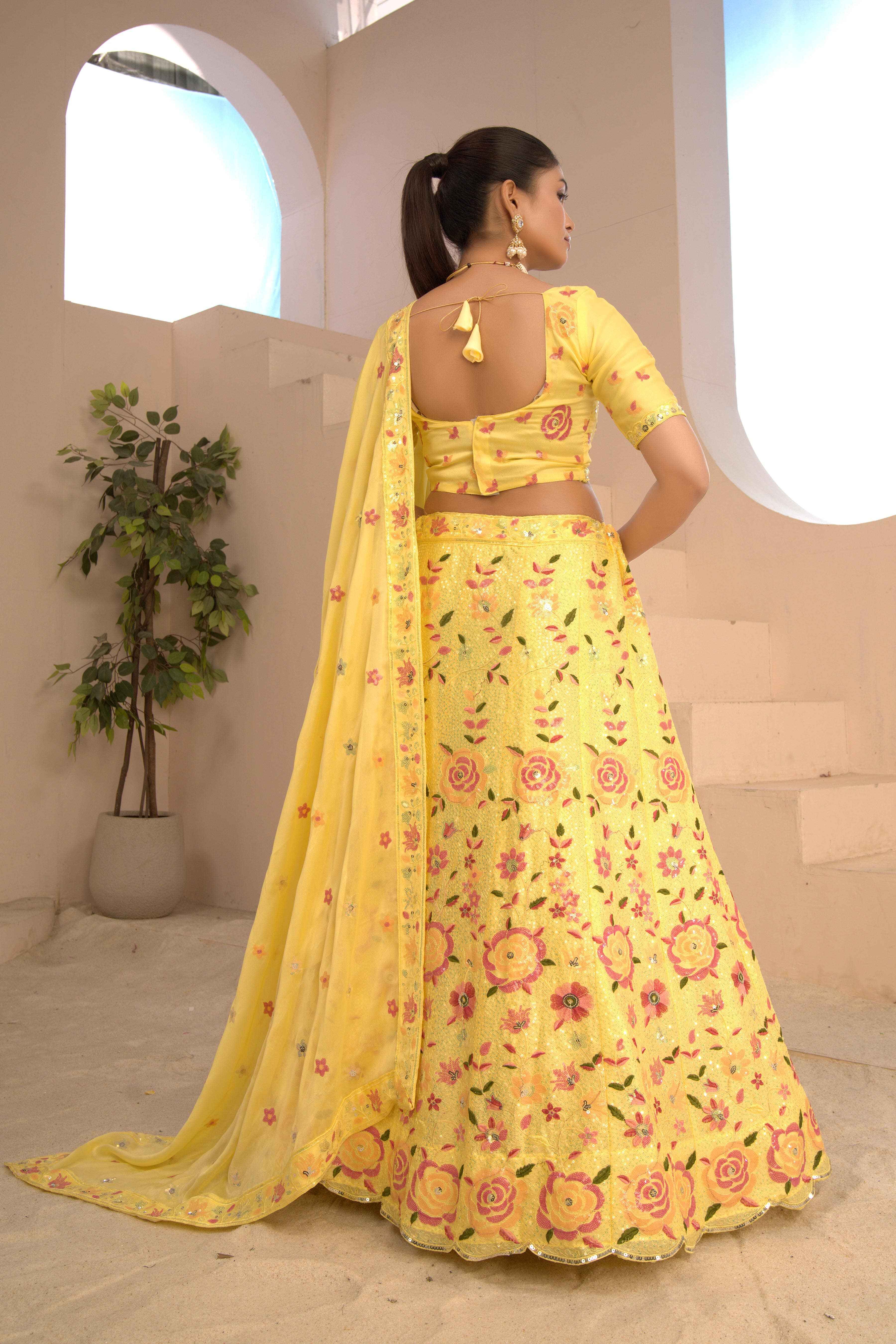 Sajli Lime Yellow Slim-Georgette Lehenga Choli with Slim-Georgette Dupatta Set S51