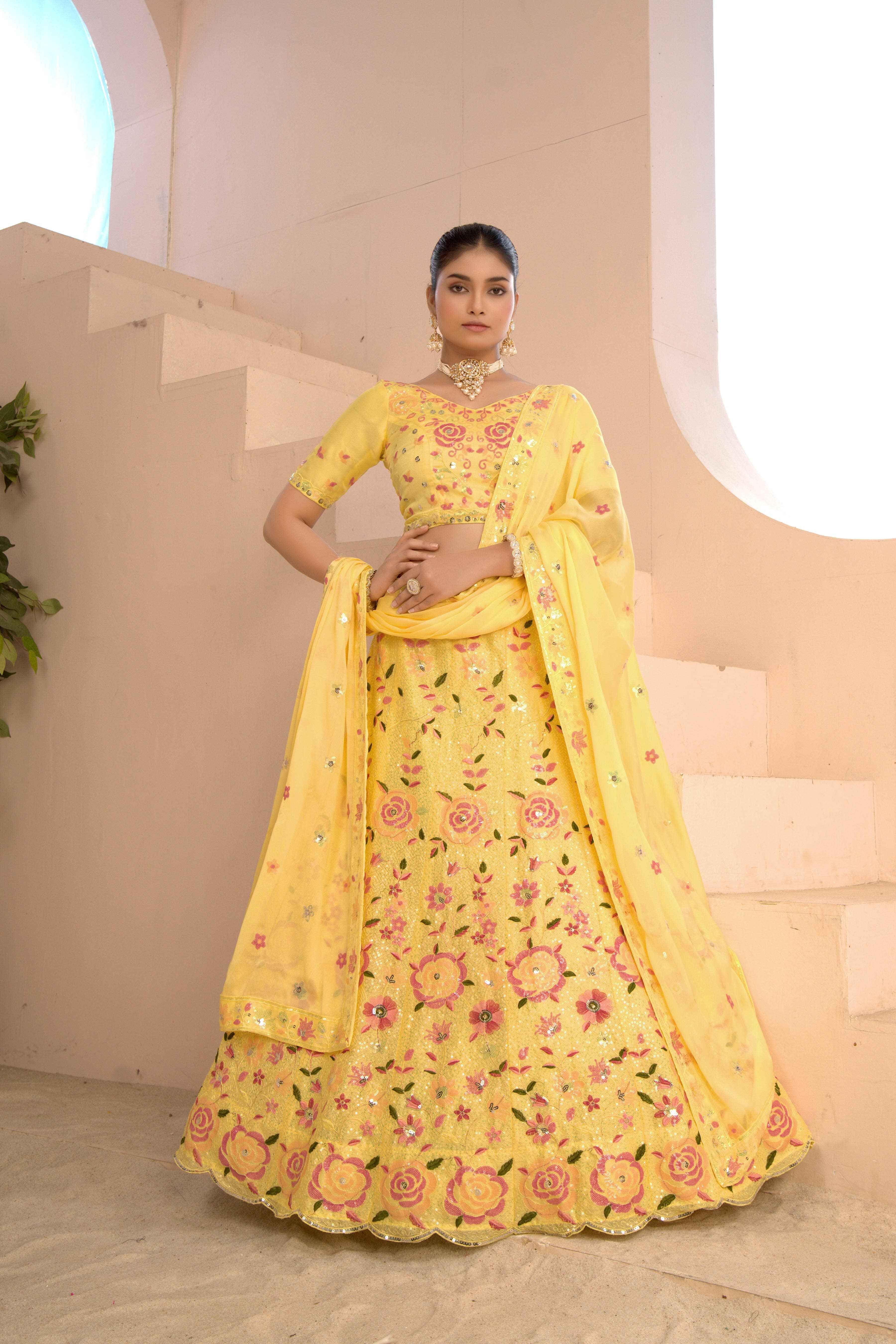 Sajli Lime Yellow Slim-Georgette Lehenga Choli with Slim-Georgette Dupatta Set S51