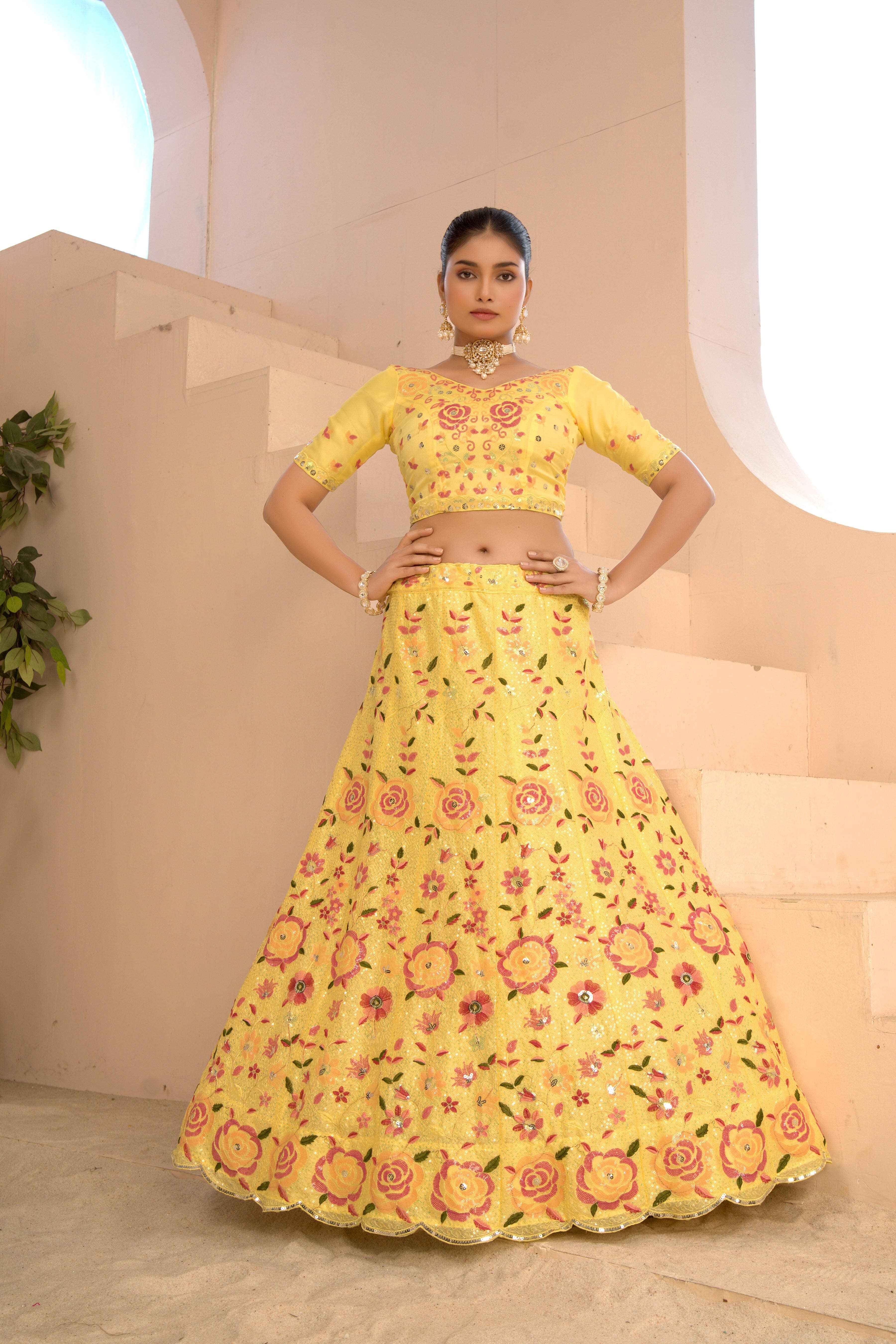 Sajli Lime Yellow Slim-Georgette Lehenga Choli with Slim-Georgette Dupatta Set S51