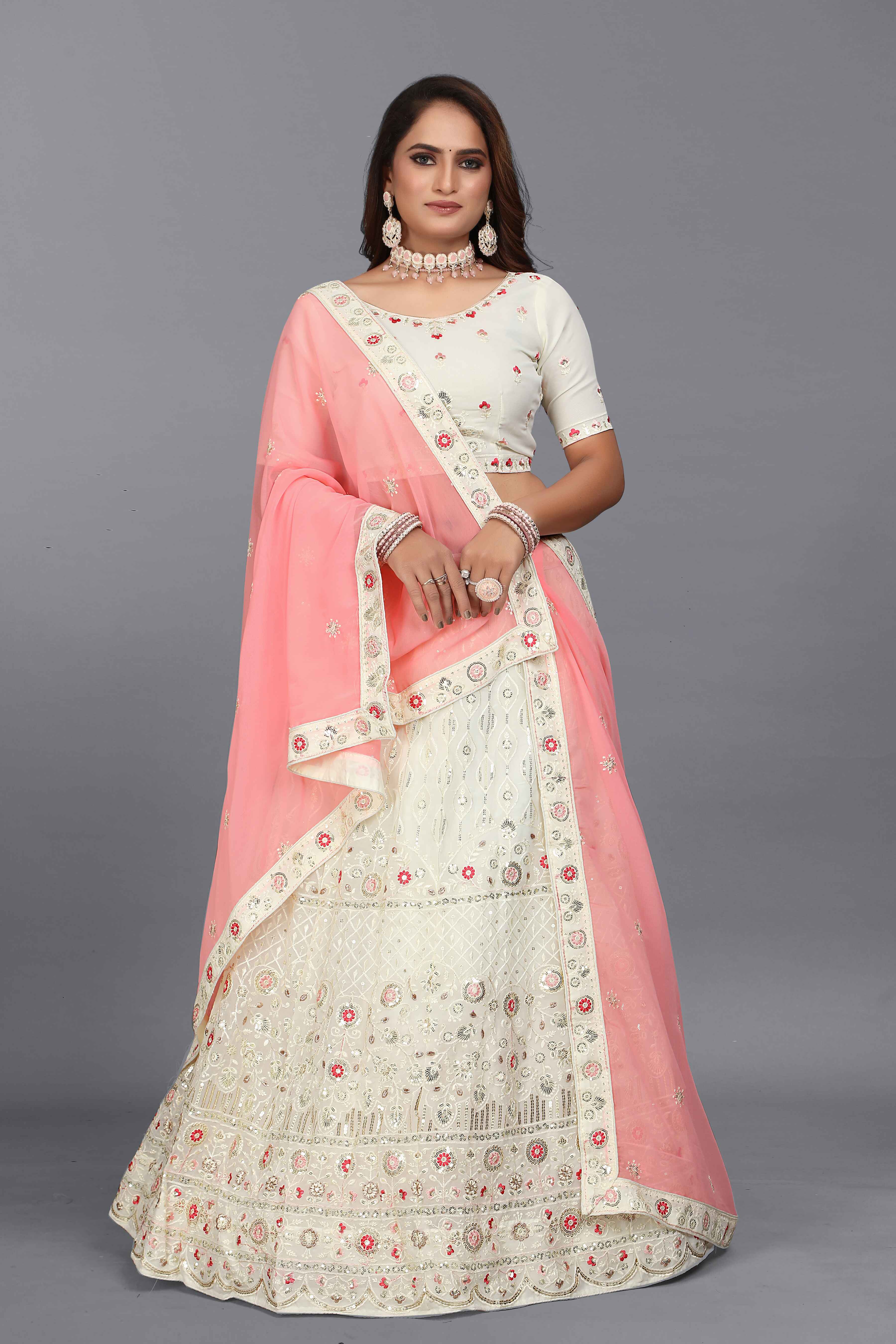 Sajli White Georgette Lehenga choli With Pink Georgette Dupatta S14